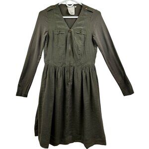 Olive Green Women's Y2K Trendy Mini Long Sleeve V-Neck Dress W/Front Pockets